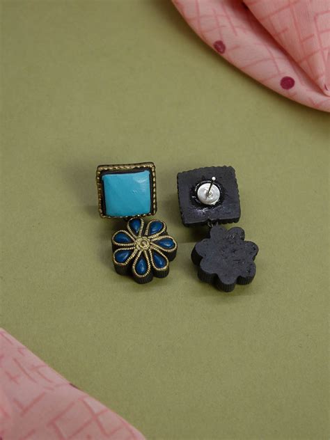 Antique Silver Blue Flower and Square Design Handmade Terracotta Neckl ...