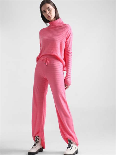 Pink Mid Rise Knitted Wide Leg Pants