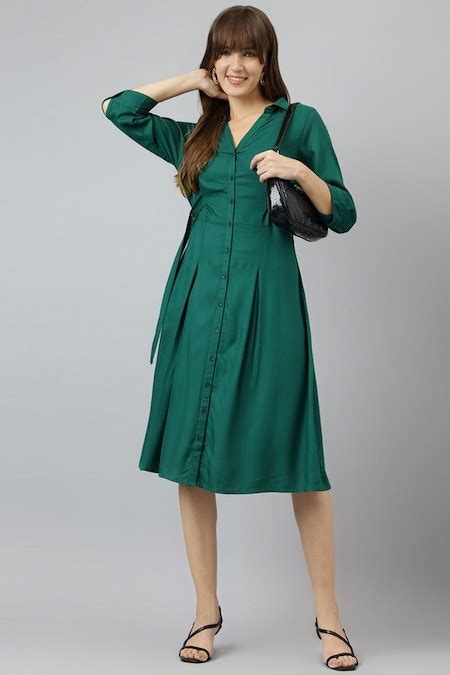 Green Solid Calf Length Casual Women Regular Fit Dresses - Selling Fast ...