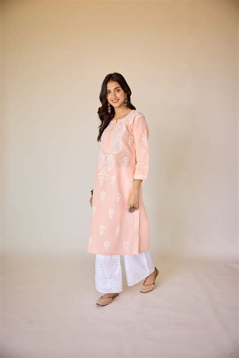 Haifa Peach Hand Embroidered Chikankari Kurta