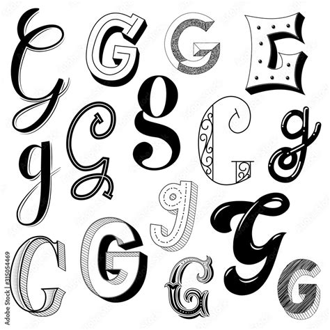Hand drawn set of different writing styles for letter G Stock Vector ...