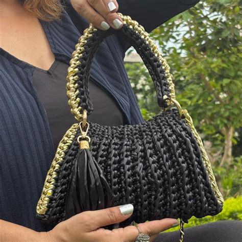 Shiroli Handmade Metallic Black With Golden Border - Trapezoid Crochet Bag