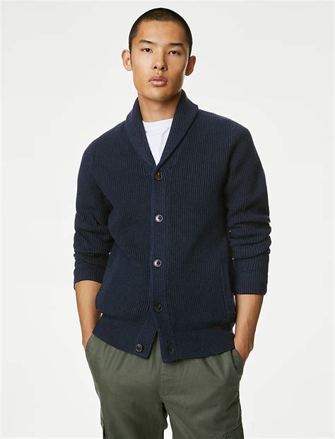 Buy Cotton Blend Textured Shawl Collar Cardigan at Marks & Spencer