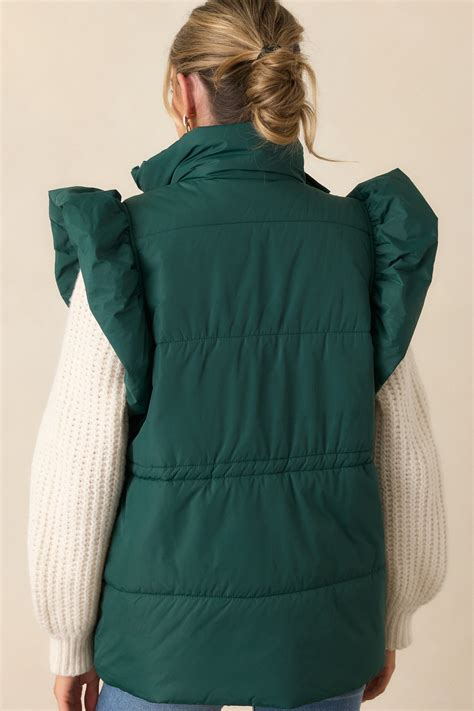 Forest Green Flutter Sleeve Puffer Vest - All Outerwear | Red Dress
