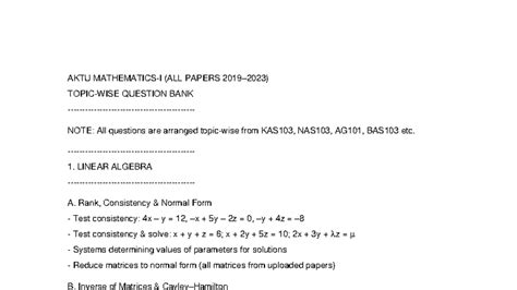 AKTU Mathematics I Topicwise Question Bank: Linear Algebra & Calculus ...