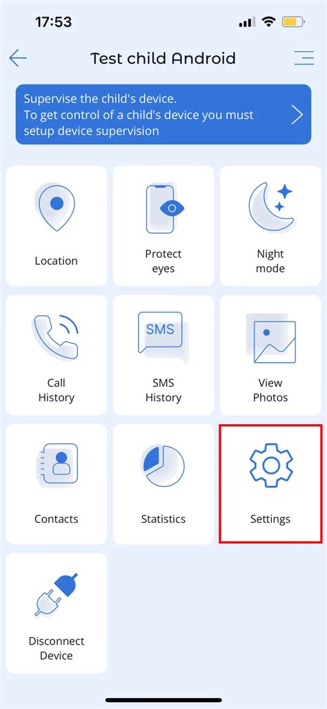 The "Settings" button in the main menu in the iOS parental control ...