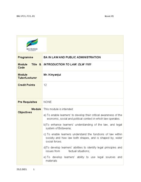 Introduction to law module profile - Programme BA IN LAW AND PUBLIC ...