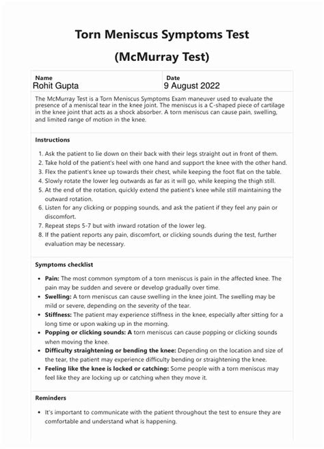 Torn Meniscus Symptoms Test & Example | Free PDF Download