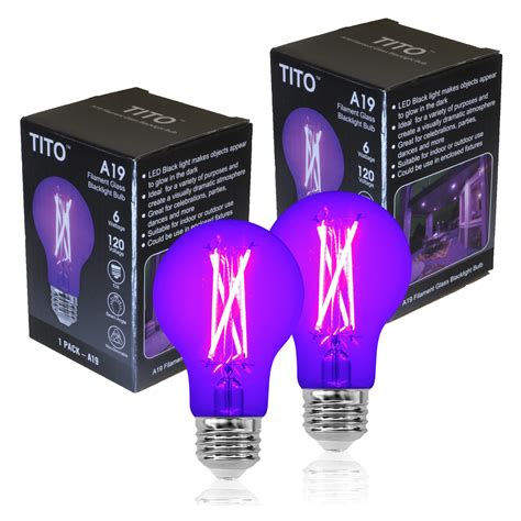Buy TITO 2 Pack E26 A19 Filament LED Black Light Bulbs, UVA 395nm 6W ...