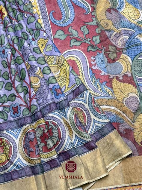 Dusty Blue Grey / Multi Floral Pen Kalamkari Tussar Silk Saree : Aarti ...