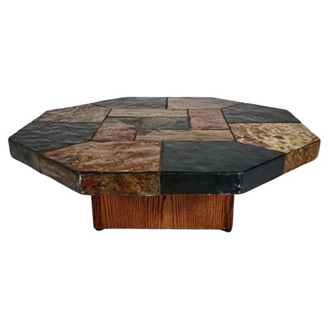 Brutalist slate stone and wood hexagonal coffee table, Belgium, 1970s ...