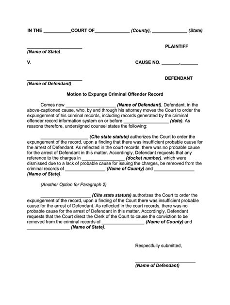 Motion to Expunge Criminal Offender Record - Blank Fillable Template ...