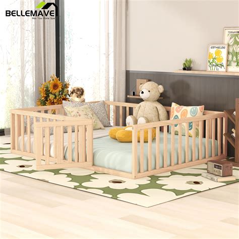 Bellemave Kids Queen Size Floor Bed with Fence, Wood Montessori for ...