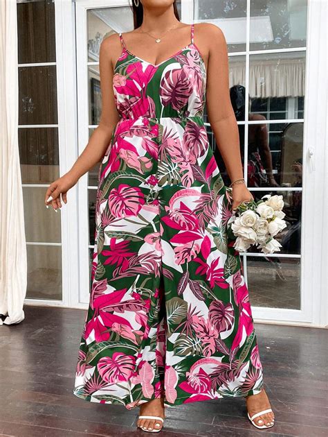 Celure Plus Size Women Tropical Plant Print Vacation Style Wide Leg ...