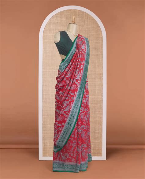 Red tree and peacock design banarasi georgette saree, contrast zari bo