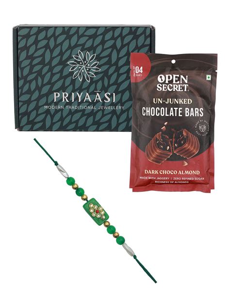 Green Studded Thread Rakhi with a Pack of Open Secret Chocolate Bars ...