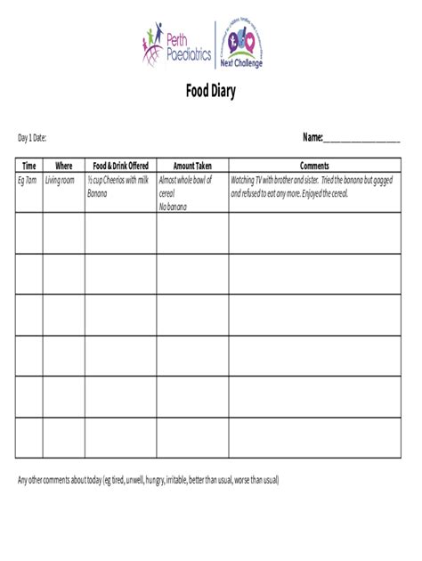 Fillable Online Example of a one-day food diary for toddlers and ...