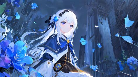 White Hair Blue Dress Flowers Princess Purple Eyes Anime Girl HD Anime ...
