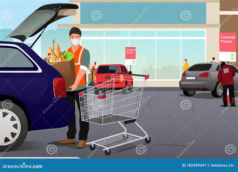 Grocery Worker Putting Groceries Inside a Car at Curbside Pickup Illustration Stock Vector ...