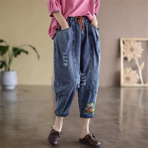 【มีไซส์ใหญ่】Plus Size M-2XL Women's Elastic Waist Ankle Blue Jeans ...