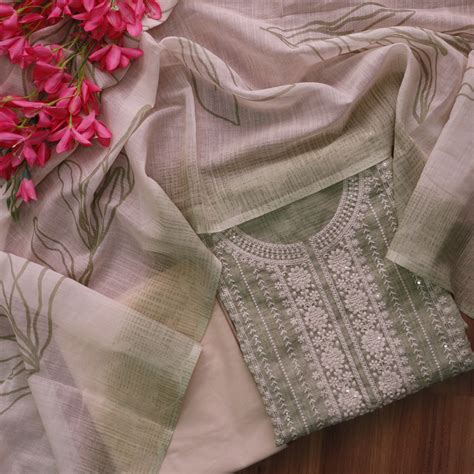 Farista Mint Green Thread Embroidered Neck Work Printed Cotton Linen S ...