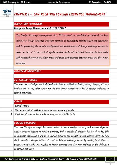 YES Academy CS Executive CHAPTER 1: Foreign Exchange Management Act ...