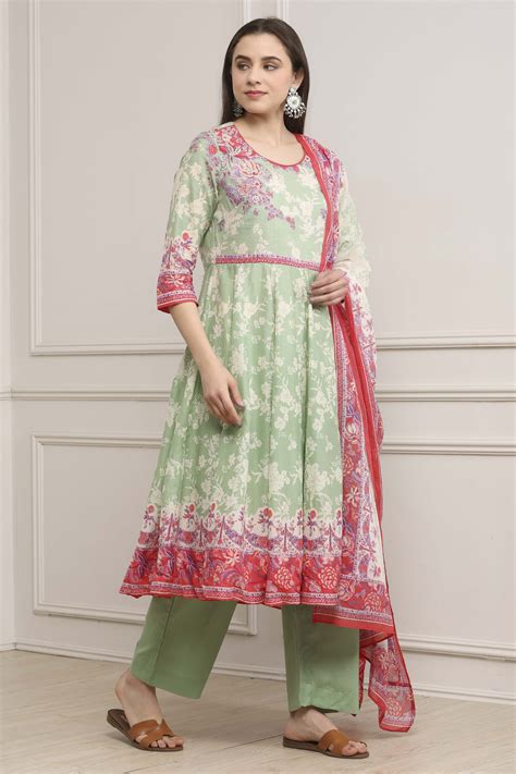 Buy Sea Green Cotton Printed Anarkali Suit Set Online at Biba Global