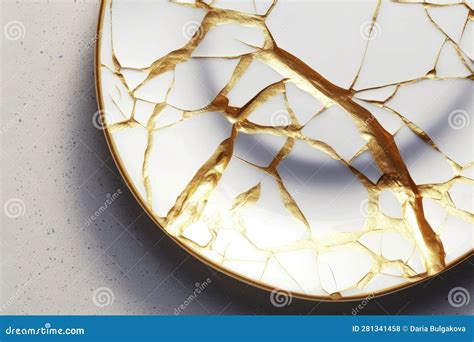 Porcelain Kintsugi Plate on a White Table. the Antique Restoration Method. Repair Gold Cracks in ...
