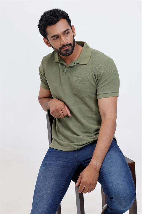 Waffle Polo Olive Green T Shirts For Men | Mens Polo T Shirts