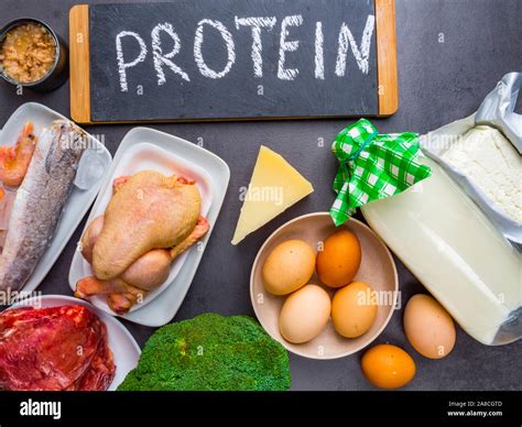 High protein food - meat, fish, poultry, nuts, dairy products, eggs ...