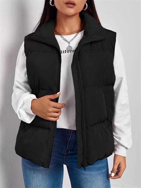 Slant Pocket Puffer Vest Coat | Black winter vest, Plain black vest ...