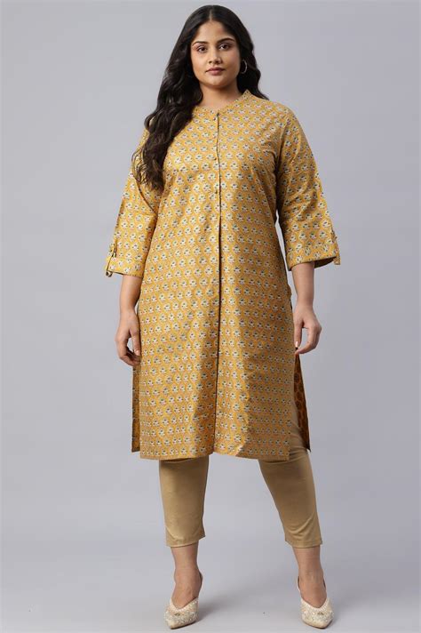 Buy Mustard Glitter Printed Plus Size kurta In Mandarin Collar @ 1899 ...
