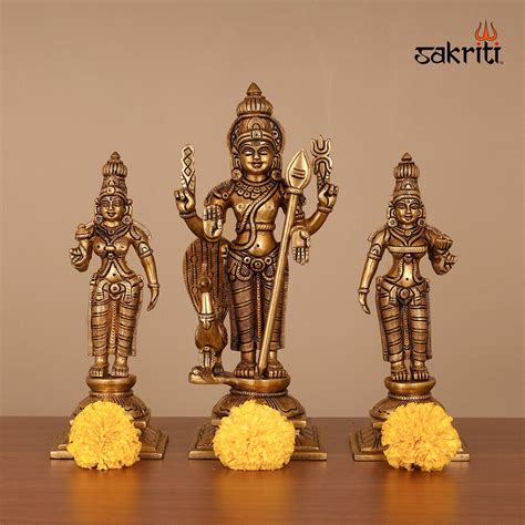 Brass Murugan with Valli & Deivanai Statue – 9 Inch Height | Lord Muru ...