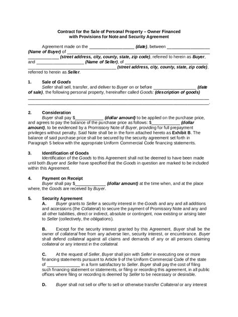 Contract for Sale of Personal Property with Note and Security Agreement ...