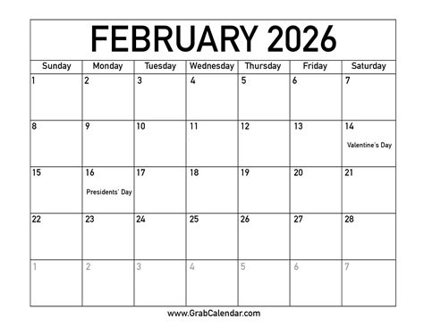 Feb 2026 Calendar With Holidays - Free Printable Templates