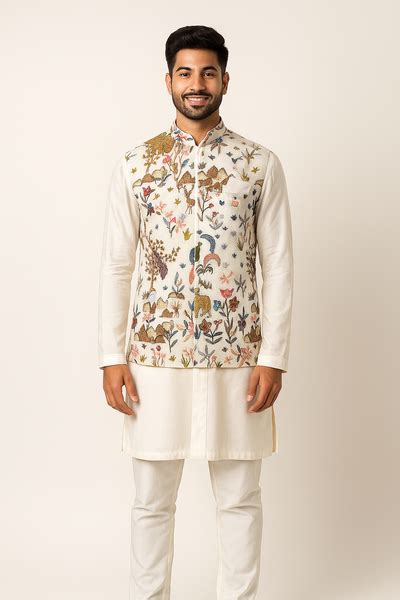 Cream Kurta Set with Multicolor Embroidered Nehru Jacket – aadaran
