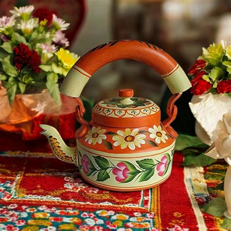 Aluminum Painted Tea Kettle With Floral Design - Oxyroots Handicraft