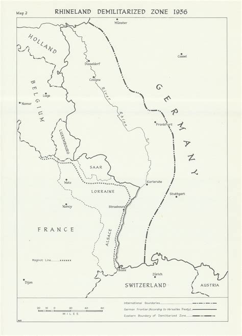 Rhineland Demilitarised Zone 1936. Nazi Germany. Maginot Line 1976 old map