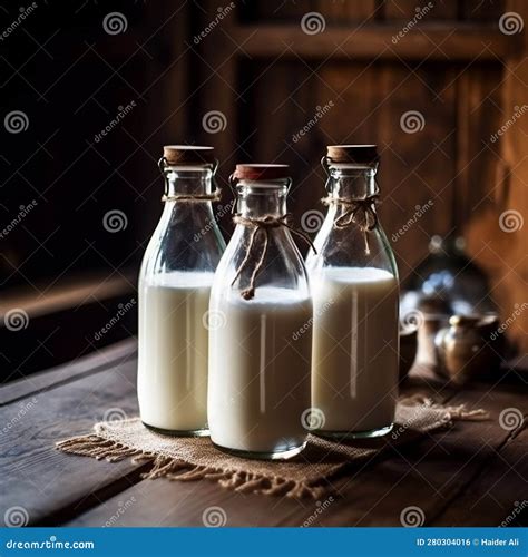 Three Glass Bottles with Wooden Caps of Milk on a Wooden Surface ...