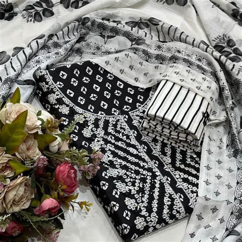Cotton Embroidered Black & White Unstitched Dress Material With Dupatt ...
