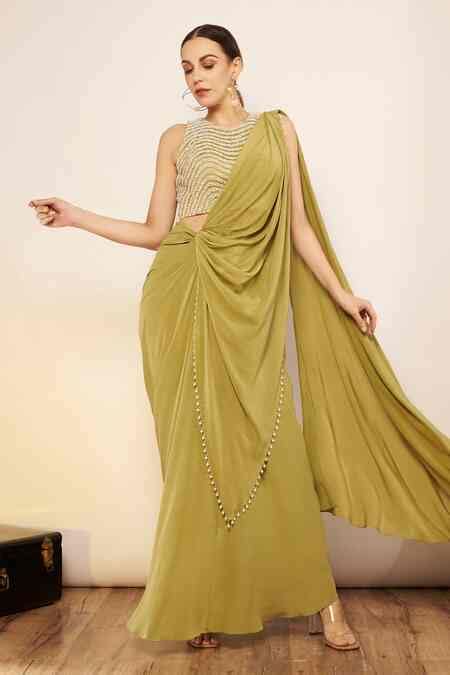 Buy Cream Crepe Pearls Halter Neck Pre-draped Saree And Embellished ...