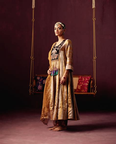 Tissue Anarkali with Embroidered Silk Velvet yoke, Print Pants & Embro ...