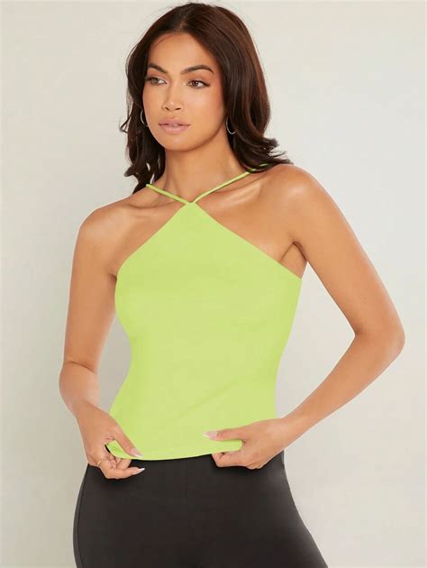 SHEIN BASICS Women Slim Fit Halter Neck Sleeveless Top For Summer ...
