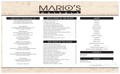 Mario's Osteria menu in Boca Raton, Florida, USA