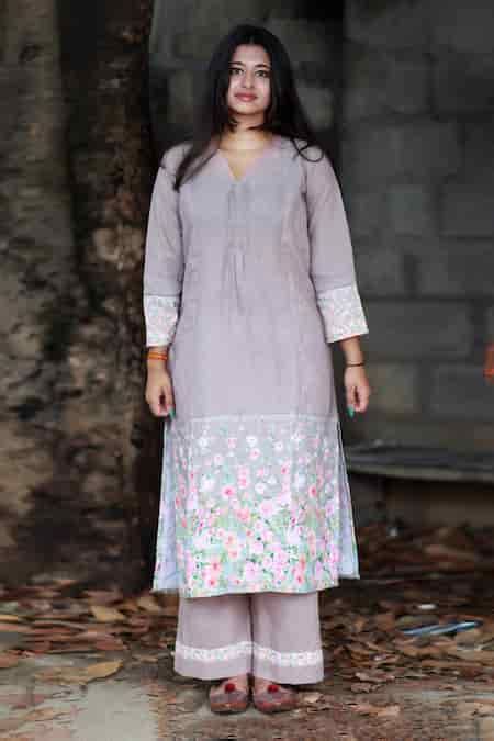 Buy Brown Linen Placement Print Floral V Neck Straight Fit Kurta With ...