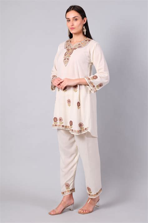 Buy Cream Kashmiri Aari Co-ord Set with Floral Embroidery | Ruby Cotton ...
