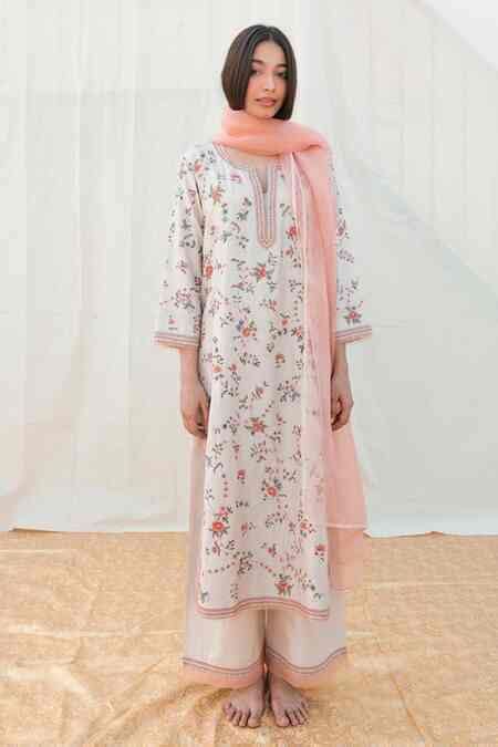 Buy White Silk Embroidered Kurta And Palazzo Set For Women by Lajjoo C ...