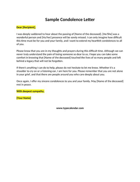 Free Printable Condolence & Sympathy Letter Templates [PDF] Sample