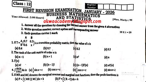 12th Business Maths and Statistics First Revision Test Question Paper ...