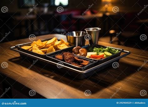 Metal food tray on a table stock image. Image of table - 292904529